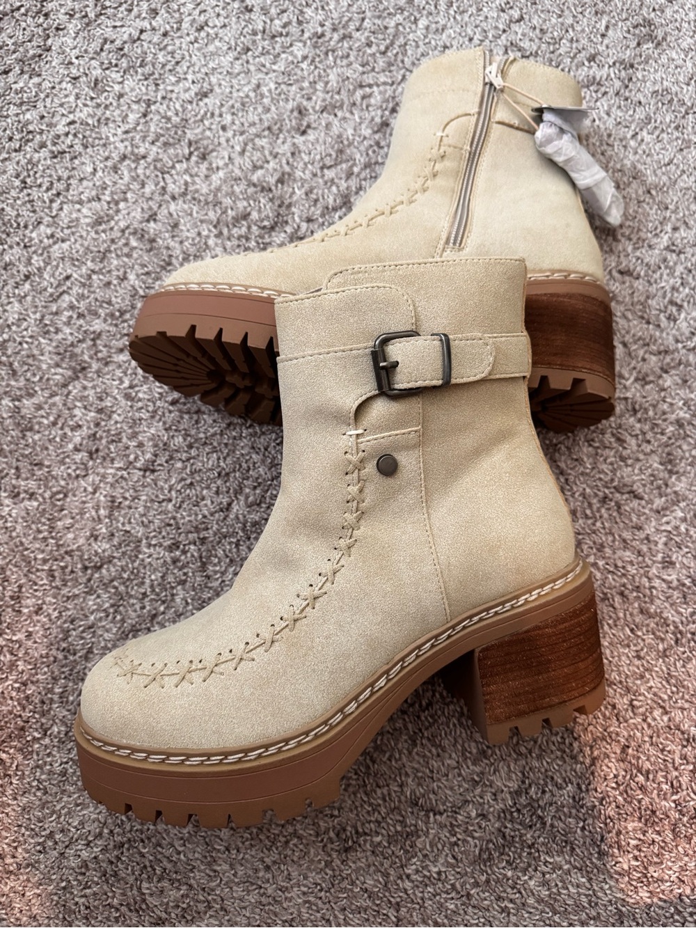 MIA Cream Suede Lug Sole Ankle Boots with Buckle Strap